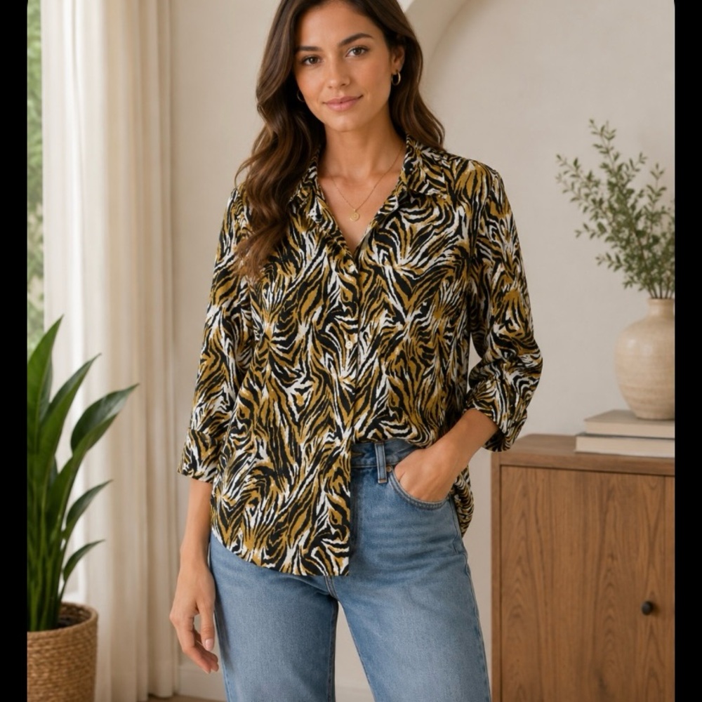 Chicos Women's Printed Button-Up Blouse - Tiger print. 100 percent cotton.